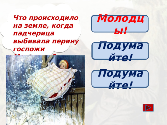 Что происходило на земле, когда падчерица выбивала перину госпожи Метелицы? Шел снег Молодцы! Подумайте! Начиналась метель Подумайте! Поднималась пыль