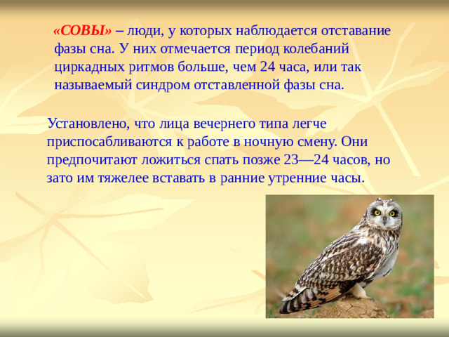 « СОВЫ»  – люд и ,  у  ко тор ых  набл ю дается  о тстава н ие фазы с на.  У  них  отме ч а е тся  пер и од  колебаний ци р к а дных  р и тмов  б оль ш е,  ч е м  24  ч а с а ,  или  так называе м ый  синд р ом  отставл е нн о й  фазы  сна. Установлено,  что  лица  веч е р н его  ти п а  легче п р исп о с а бливаются  к  раб о те  в  н о чную  с м ену. Они п р едп о читают  ложи т ь с я  спать  п озже 2 3 — 24  ча с ов,  но  з а то  и м  тяжел е е  вст а вать  в  ран н ие ут р енние  ч а сы.
