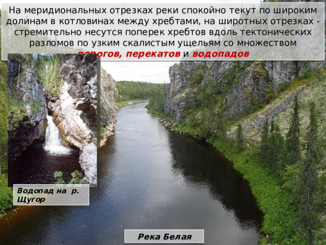 На меридиональных отрезках реки спокойно текут по широким долинам в котловинах между хребтами, на широтных отрезках - стремительно несутся поперек хребтов вдоль тектонических разломов по узким скалистым ущельям со множеством порогов, перекатов  и водопадов Водопад на р. Щугор Река Белая