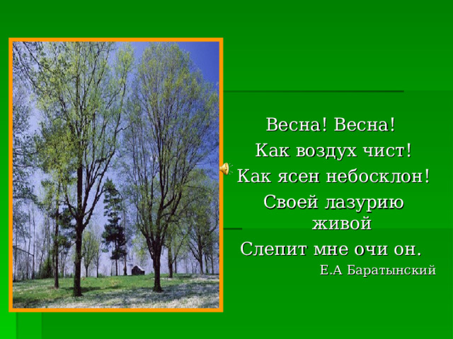 Весна! Весна! Как воздух чист! Как ясен небосклон! Своей лазурию живой Слепит мне очи он. Е.А Баратынский
