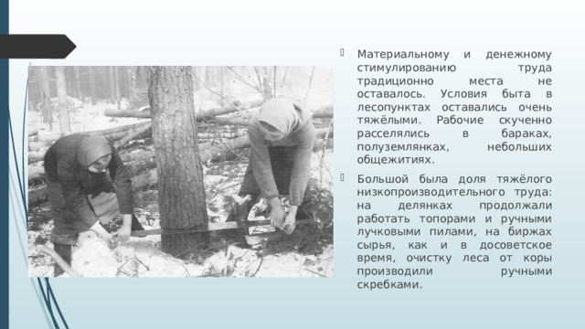 Материальному и денежному стимулированию труда традиционно места не оставалось. Условия быта в лесопунктах оставались очень тяжёлыми. Рабочие скученно расселялись в бараках, полуземлянках, небольших общежитиях. Большой была доля тяжёлого низкопроизводительного труда: на делянках продолжали работать топорами и ручными лучковыми пилами, на биржах сырья, как и в досоветское время, очистку леса от коры производили ручными скребками.