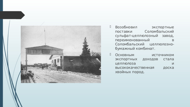 Возобновил экспортные поставки Соломбальский сульфат-целлюлозный завод, переименованный в Соломбальский целлюлозно-бумажный комбинат. Основным источником экспортных доходов стала целлюлоза и высококачественная доска хвойных пород.