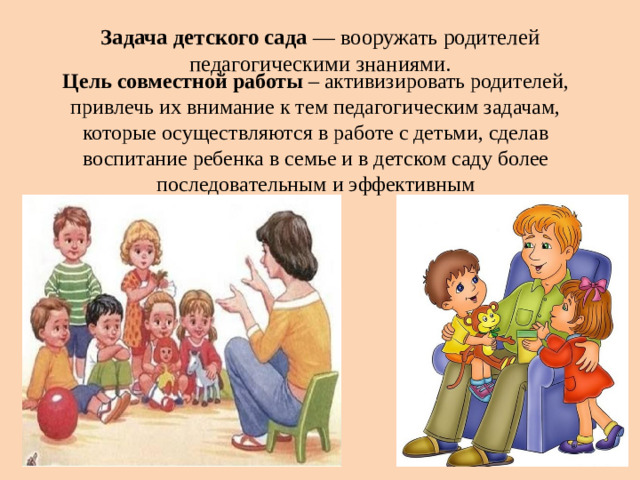Задача детского сада — вооружать родителей педагогическими знаниями.   Цель совместной работы – активизировать родителей, привлечь их внимание к тем педагогическим задачам, которые осуществляются в работе с детьми, сделав воспитание ребенка в семье и в детском саду более последовательным и эффективным