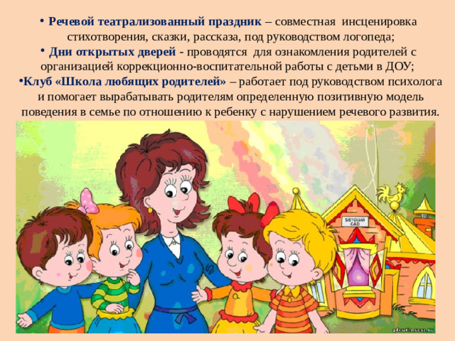 Речевой театрализованный праздник – совместная инсценировка стихотворения, сказки, рассказа, под руководством логопеда; Дни открытых дверей - проводятся для ознакомления родителей с организацией коррекционно-воспитательной работы с детьми в ДОУ; Клуб «Школа любящих родителей» – работает под руководством психолога и помогает вырабатывать родителям определенную позитивную модель поведения в семье по отношению к ребенку с нарушением речевого развития.