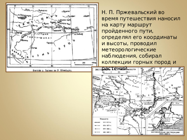 Н. П. Пржевальский во время путешествия наносил на карту маршрут пройденного пути, определял его координаты и высоты, проводил метеорологические наблюдения, собирал коллекции горных пород и растений.