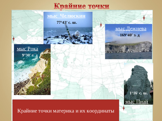 мыс Челюскин 77°43' с. ш. мыс Дежнева 169°40' з. д мыс Рока 9° 30' з. д 1°16' с. ш. мыс Пиай Крайние точки материка и их координаты