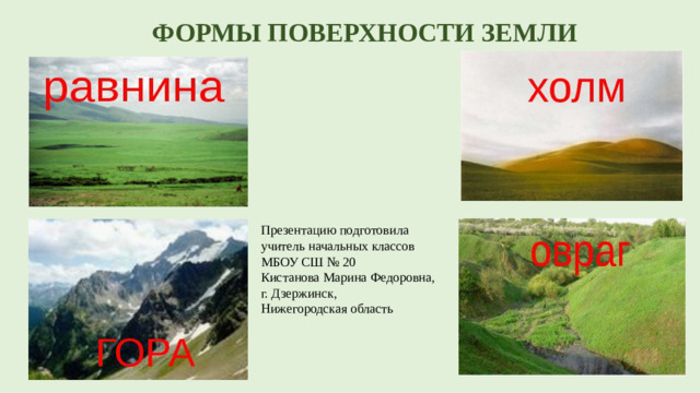 ФОРМЫ ПОВЕРХНОСТИ ЗЕМЛИ Презентацию подготовила учитель начальных классов МБОУ СШ № 20 Кистанова Марина Федоровна, г. Дзержинск, Нижегородская область