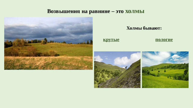 Возвышения на равнине – это холмы Холмы бывают: крутые   пологие