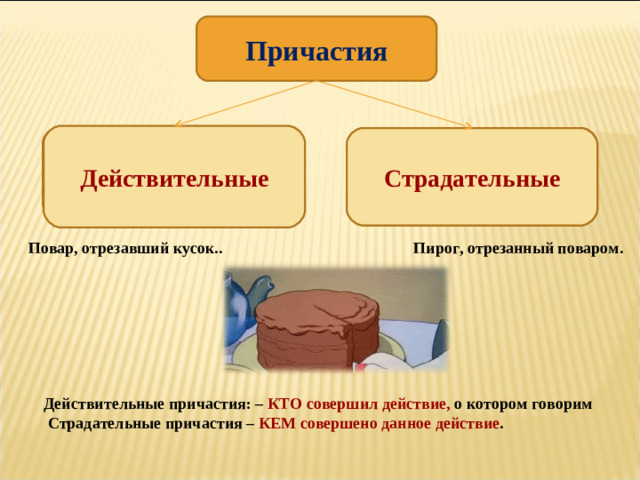 Причастия Действительные Действительные причастия обозначают признак, который возник в результате действия самого предмета. Страдательные причастия обозначают признак предмета, который испытывает на себе действие со стороны другого предмета Страдательные Повар, отрезавший кусок.. Пирог, отрезанный поваром. Действительные причастия: – КТО совершил действие, о котором говорим  Страдательные причастия – КЕМ совершено данное действие .