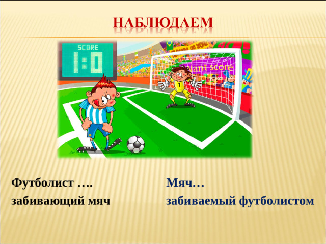 Футболист …. забивающий мяч Мяч… забиваемый футболистом