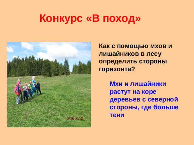Конкурс «В поход» Как с помощью мхов и лишайников в лесу определить стороны горизонта? Мхи и лишайники растут на коре деревьев с северной стороны, где больше тени