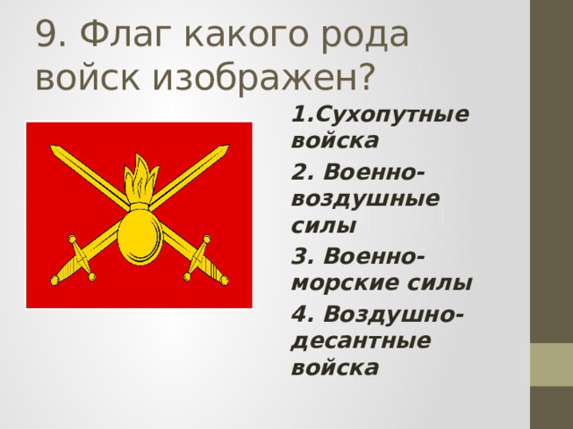 9. Флаг какого рода войск изображен? 1.Сухопутные войска 2. Военно-воздушные силы 3. Военно-морские силы 4. Воздушно-десантные войска