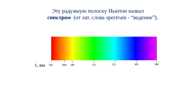 Эту радужную полоску Ньютон назвал спектром  (от лат. слова spectrum - “вuдение”).