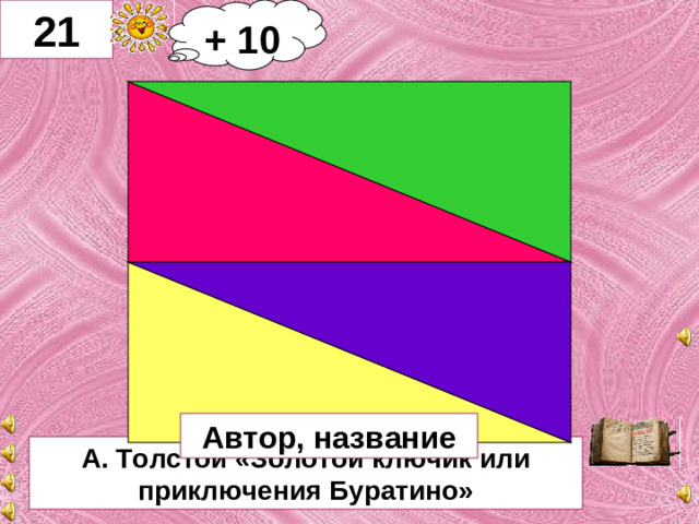 + 10 21     Автор, название А. Толстой «Золотой ключик или приключения Буратино»