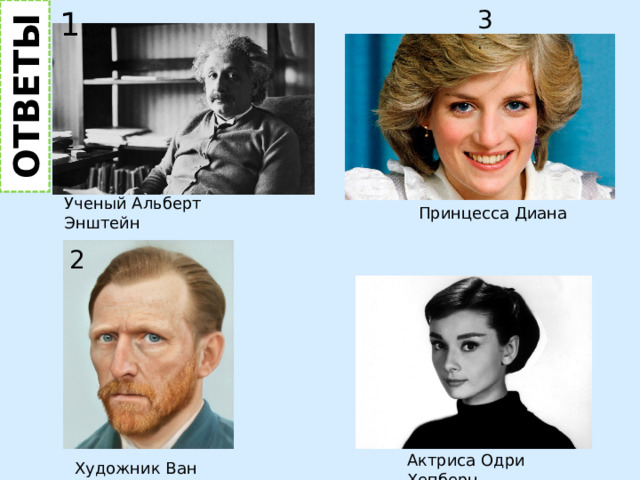 3 . 1. ОТВЕТЫ Ученый Альберт Энштейн Принцесса Диана 2 Актриса Одри Хепберн Художник Ван Гог