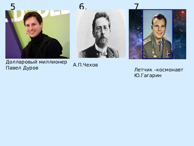 6. 5 7 Долларовый миллионер Павел Дуров А.П.Чехов Летчик –космонавт Ю.Гагарин