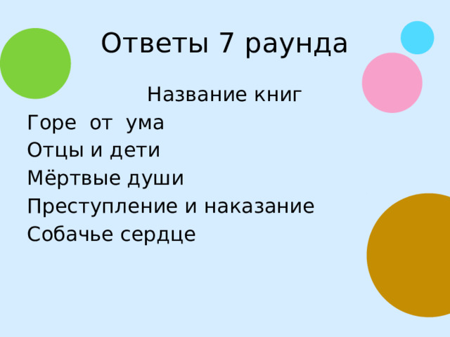 Ответы 7 раунда Название книг Горе от ума Отцы и дети Мёртвые души Преступление и наказание Собачье сердце