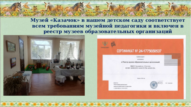 Музей «Казачок» в нашем детском саду соответствует всем требованиям музейной педагогики и включен в реестр музеев образовательных организаций