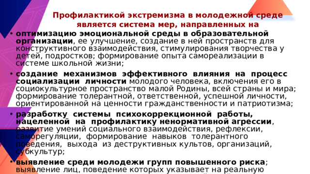 Профилактикой экстремизма в молодежной среде является система мер, направленных на
