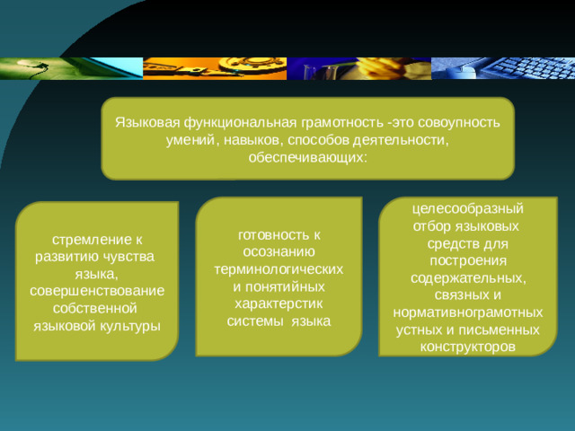 Языковая функциональная грамотность -это совоупность умений, навыков, способов деятельности, обеспечивающих: готовность к осознанию терминологических и понятийных характерстик системы языка целесообразный отбор языковых средств для построения содержательных, связных и нормативнограмотных устных и письменных конструкторов стремление к развитию чувства языка, совершенствование собственной языковой культуры