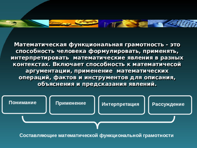 Математическая функциональная грамотность - это способность человека формулировать, применять, интерпретировать математические явления в разных контекстах. Включает способность к математичесой аргументации, применение математических операций, фактов и инструментов для описания, объяснения и предсказания явлений. Понимание Применение Интерпретация Рассуждение Составляющие математической функциональной грамотности