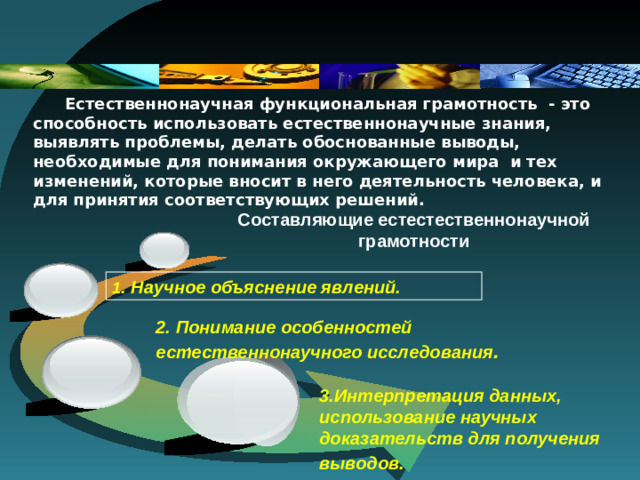 Естественнонаучная функциональная грамотность - это способность использовать естественнонаучные знания, выявлять проблемы, делать обоснованные выводы, необходимые для понимания окружающего мира и тех изменений, которые вносит в него деятельность человека, и для принятия соответствующих решений.   Составляющие естестественнонаучной грамотности 1 . Научное объяснение явлений. 2. Понимание особенностей естественнонаучного исследования . . 3.Интерпретация данных, использование научных доказательств для получения выводов.