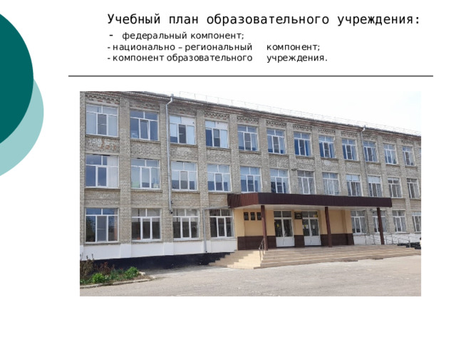 Учебный план образовательного учреждения:  - федеральный компонент;  - национально – региональный  компонент;  - компонент образовательного  учреждения.