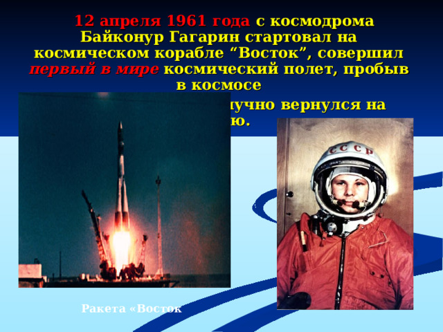 12 апреля 1961 года с космодрома Байконур Гагарин стартовал на космическом корабле “Восток”, совершил первый в мире  космический полет, пробыв в космосе  108 минут, и благополучно вернулся на Землю. Ракета «Восток