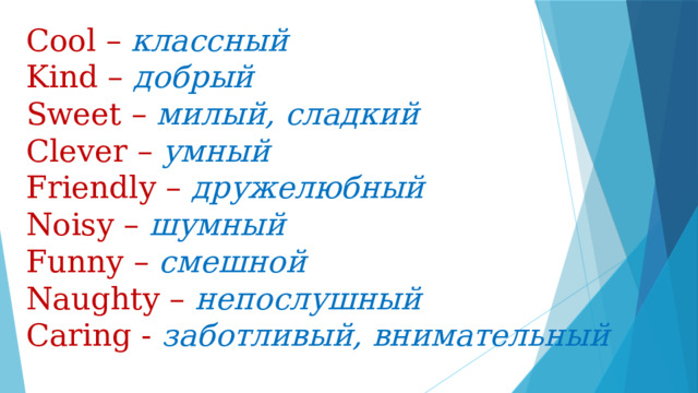 Cool – классный  Kind – добрый  Sweet – милый, сладкий  Clever – умный  Friendly – дружелюбный  Noisy – шумный  Funny – смешной  Naughty – непослушный  Caring - заботливый, внимательный