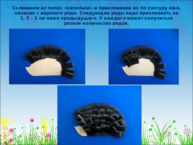 Склеиваем из полос «капельки» и приклеиваем их по контуру ежа, начиная с верхнего ряда. Следующие ряды надо приклеивать на 1, 5 – 2 см ниже предыдущего. У каждого может получиться разное количество рядов.