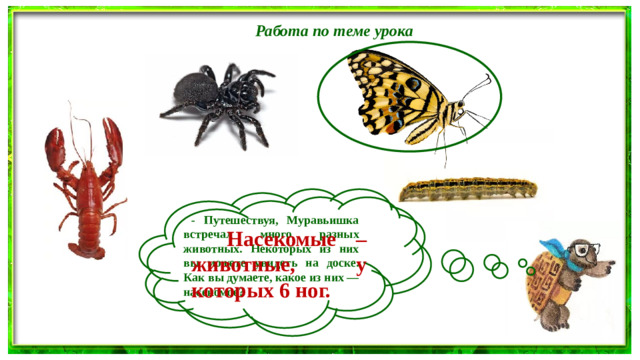 Работа по теме урока  - Путешествуя, Муравьишка встречал много разных животных. Некоторых из них вы можете увидеть на доске. Как вы думаете, какое из них — насекомое?  Насекомые – животные, у которых 6 ног.