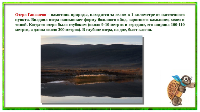 Озеро Ганжиево – памятник природы, находится за селом в 1 километре от населенного пункта. Впадина озера напоминает форму большого яйца, заросшего камышом, мхом и тиной. Когда-то озеро было глубоким (около 9-10 метров в середине, его ширина 100-110 метров, а длина около 300 метров). В глубине озера, на дне, бьют ключи.