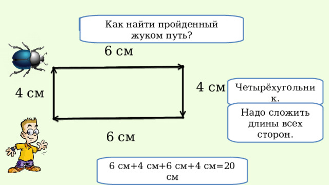 Как найти пройденный жуком путь? Какая фигура получилась? 6 см 4 см Четырёхугольник. 4 см Надо сложить длины всех сторон. 6 см 6 см+4 см+6 см+4 см=20 см