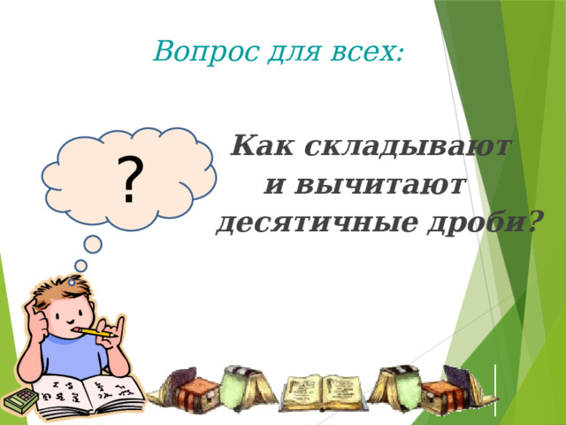 Вопрос для всех:   Как складывают  и вычитают  десятичные дроби?   ? Продолжим наш урок повторением ранее изученного материала. Возьмите в руки сигнальные карточки оценивайте с их помощью ответы своих одноклассников.