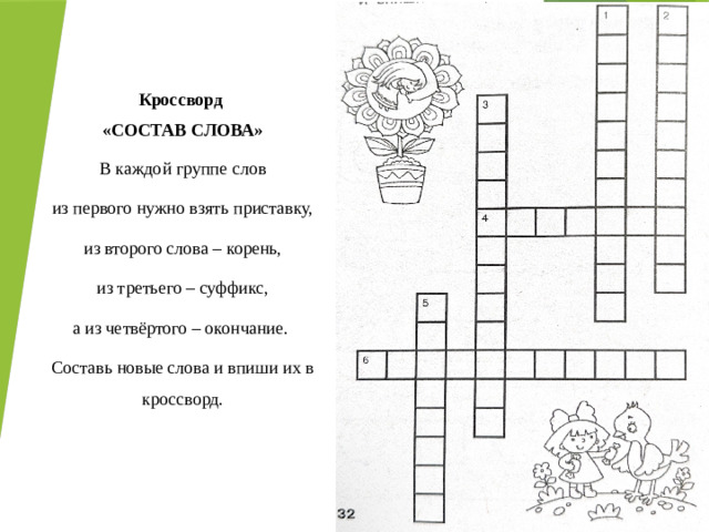 Кроссворд «СОСТАВ СЛОВА» В каждой группе слов  из первого нужно взять приставку, из второго слова – корень,  из третьего – суффикс, а из четвёртого – окончание. Составь новые слова и впиши их в кроссворд. При