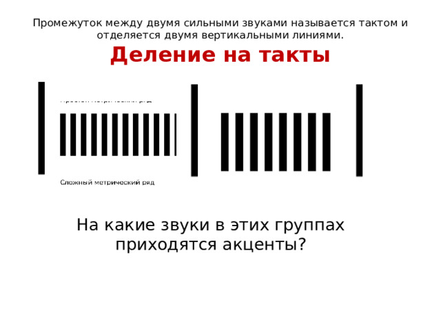 Промежуток между двумя сильными звуками называется тактом и отделяется двумя вертикальными линиями.  Деление на такты На какие звуки в этих группах приходятся акценты?
