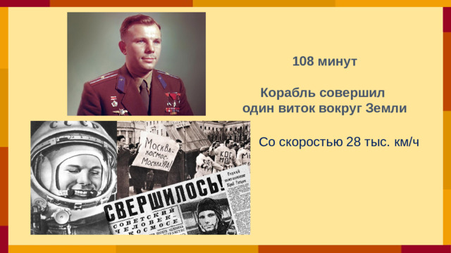 108 минут  Корабль совершил один виток вокруг Земли Со скоростью 28 тыс. км/ч  