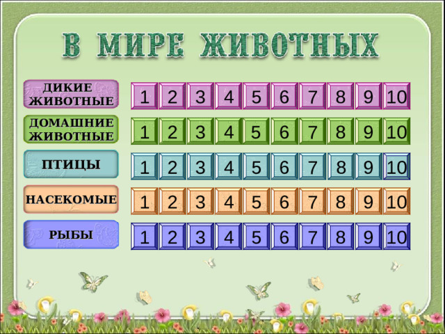 ДИКИЕ ЖИВОТНЫЕ 10 4 7 3 2 1 8 9 5 6 ДОМАШНИЕ  ЖИВОТНЫЕ 2 3 4 5 7 8 9 10 1 6 ПТИЦЫ 1 2 9 8 7 6 5 4 3 10 НАСЕКОМЫЕ 6 2 10 9 8 7 5 4 3 1 РЫБЫ 6 7 8 9 10 1 2 3 4 5