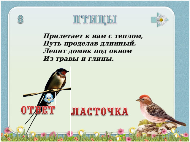 Прилетает к нам с теплом,  Путь проделав длинный.  Лепит домик под окном  Из травы и глины.