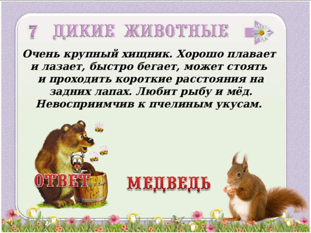 Очень крупный хищник. Хорошо плавает и лазает, быстро бегает, может стоять и проходить короткие расстояния на задних лапах. Любит рыбу и мёд. Невосприимчив к пчелиным укусам. 3