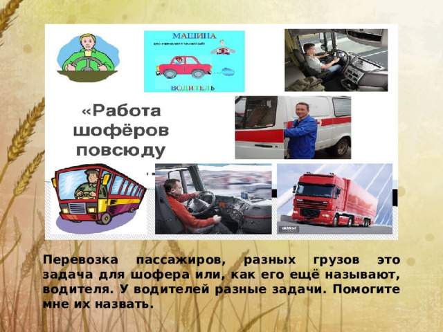 Перевозка пассажиров, разных грузов это задача для шофера или, как его ещё называют, водителя. У водителей разные задачи. Помогите мне их назвать.