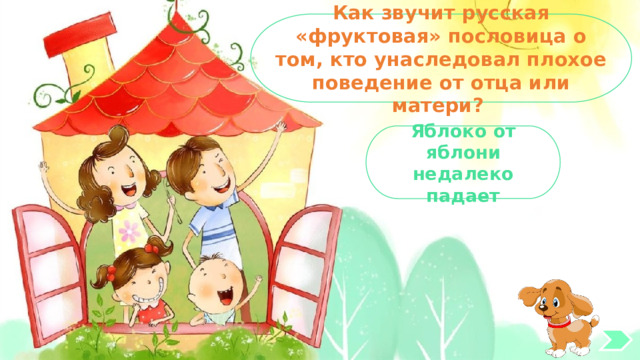 Как звучит русская «фруктовая» пословица о том, кто унаследовал плохое поведение от отца или матери? Яблоко от яблони недалеко падает