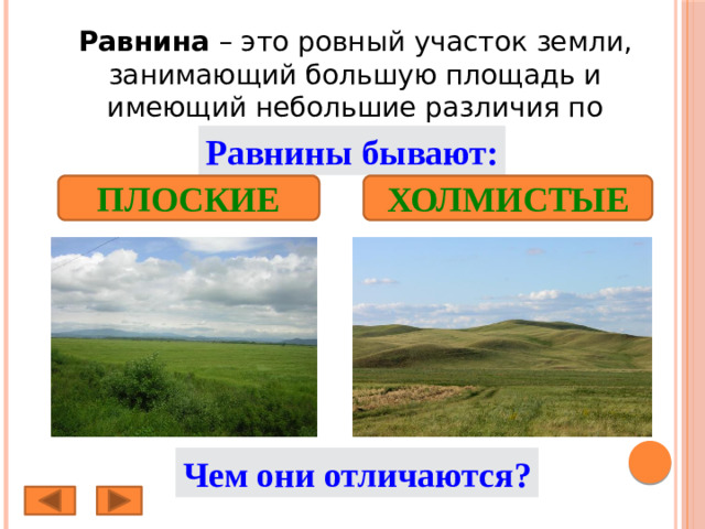 Равнина – это ровный участок земли, занимающий большую площадь и имеющий небольшие различия по высоте. Равнины бывают: ПЛОСКИЕ ХОЛМИСТЫЕ Чем они отличаются?