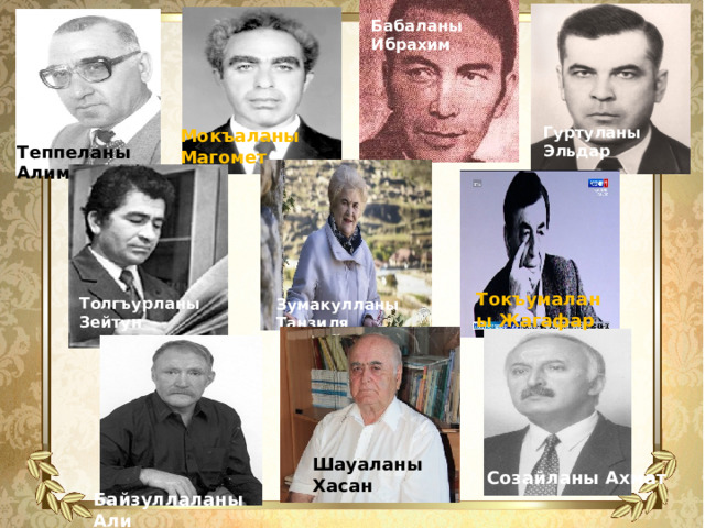 Гуртуланы Эльдар Бабаланы Ибрахим Мокъаланы Магомет  Теппеланы Алим  Зумакулланы Танзиля Токъумаланы Жагафар Толгъурланы Зейтун         Байзуллаланы Али   Созайланы Ахмат Шауаланы Хасан