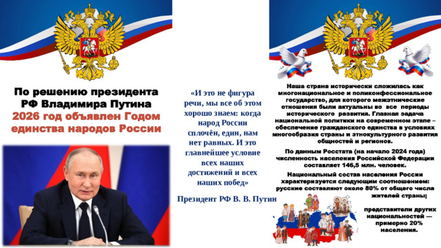 «И это не фигура речи, мы все об этом хорошо знаем: когда народ России сплочён, един, нам нет равных. И это главнейшее условие всех наших достижений и всех наших побед» Президент РФ В. В. Путин