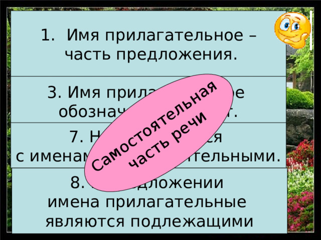 Самостоятельная  часть речи Имя прилагательное –  часть предложения. 3. Имя прилагательное обозначает предмет. 7. Не согласуются с именами существительными. 8. В предложении имена прилагательные являются подлежащими
