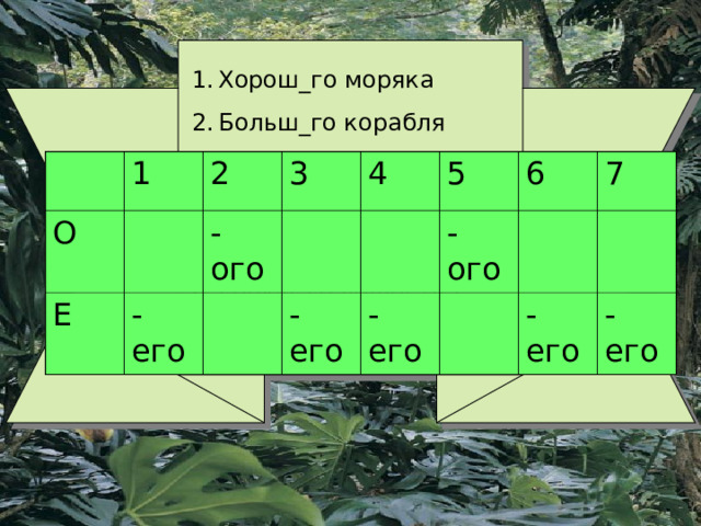 Хорош_го моряка Больш_го корабля Горяч_го сердца Свеж_го воздуха Чуж_го края Горюч_го вещества Певуч_го голоса