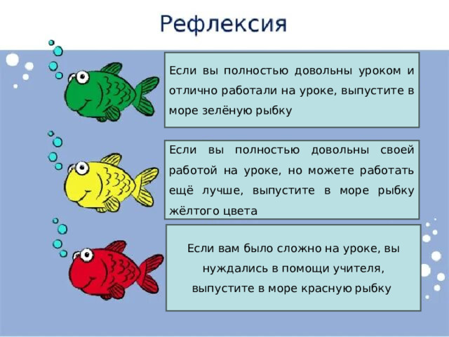 Если вы полностью довольны уроком и отлично работали на уроке, выпустите в море зелёную рыбку  Если вы полностью довольны своей работой на уроке, но можете работать ещё лучше, выпустите в море рыбку жёлтого цвета  Если вам было сложно на уроке, вы нуждались в помощи учителя, выпустите в море красную рыбку