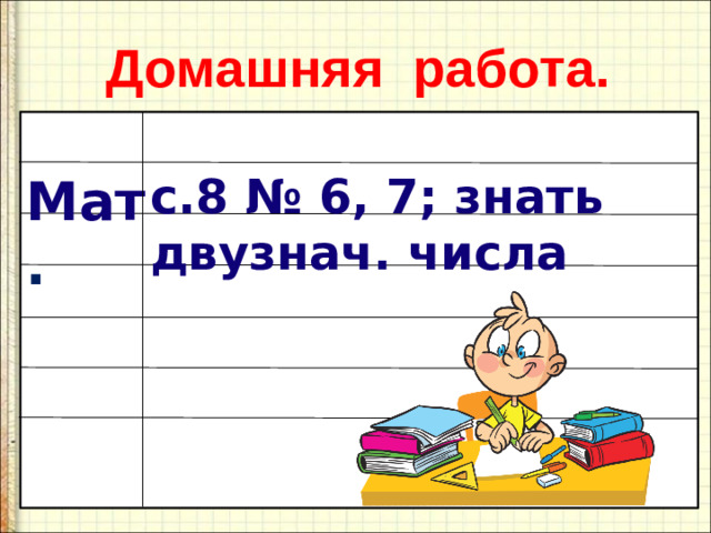 Домашняя работа. с.8 № 6, 7; знать двузнач. числа Мат .