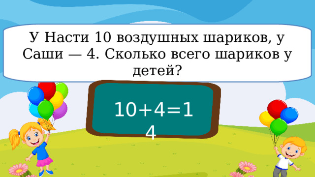 У Насти 10 воздушных шариков, у Саши — 4. Сколько всего шариков у детей? 10+4=14